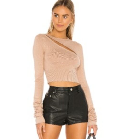 h:ours Tan Cut-Out with Mesh Paneling Cropped Sweater - Picture 1 of 6